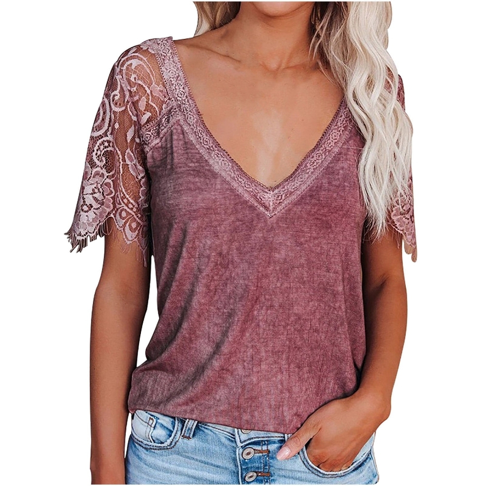 POL Brand women's lace sleaved, v-neck, relaxed fit Tee, in Faded cranberry-Med